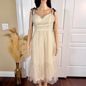 CREAM TULLE MIDI DRESS WITH BLACK POLKA DOTS
